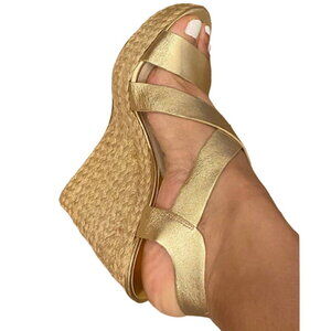 MICHAEL KORS Metallic Gold Leather Ankle Strap Espadrille Wedge Sandal 9.5M
